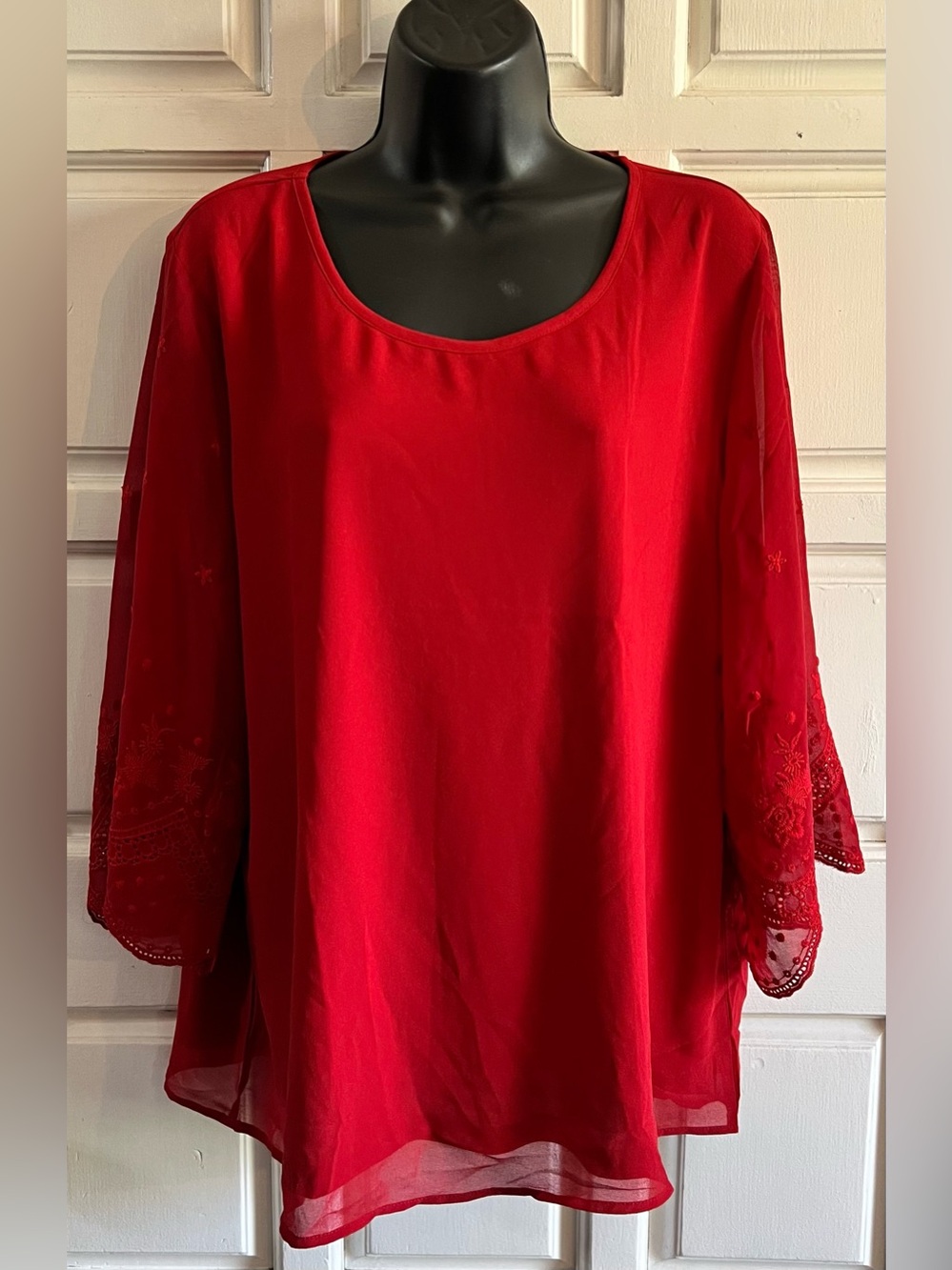 Women's Red Scoop Neck Blouse with Embroidered Sleeves